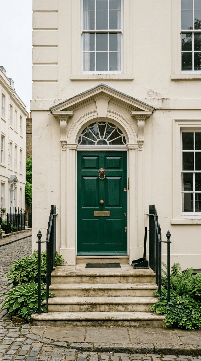 A green Georgian front door with a brass knocker and fanlight above stone steps
