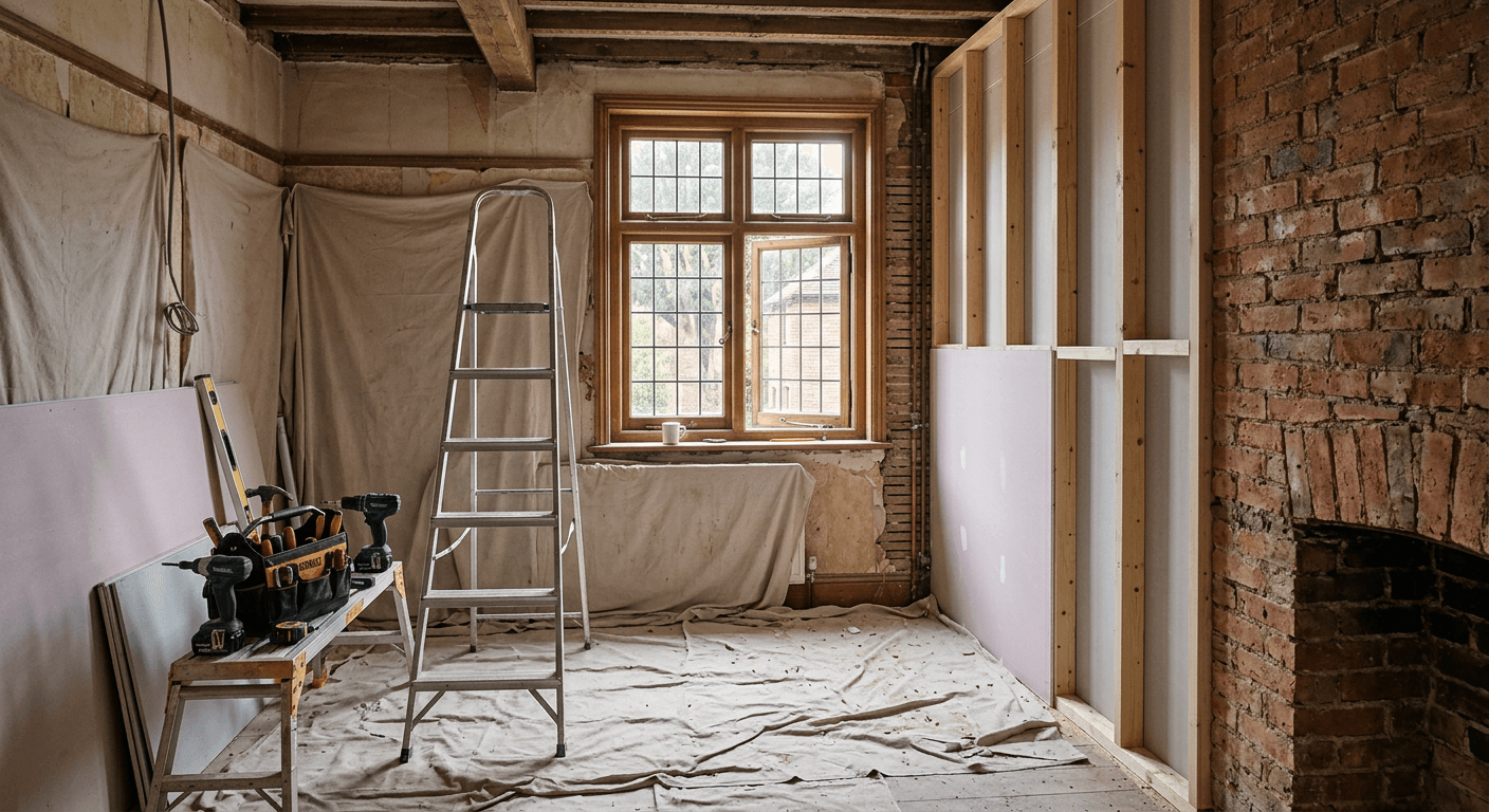A period room mid-renovation with exposed brickwork, new timber stud walls and neatly arranged tools